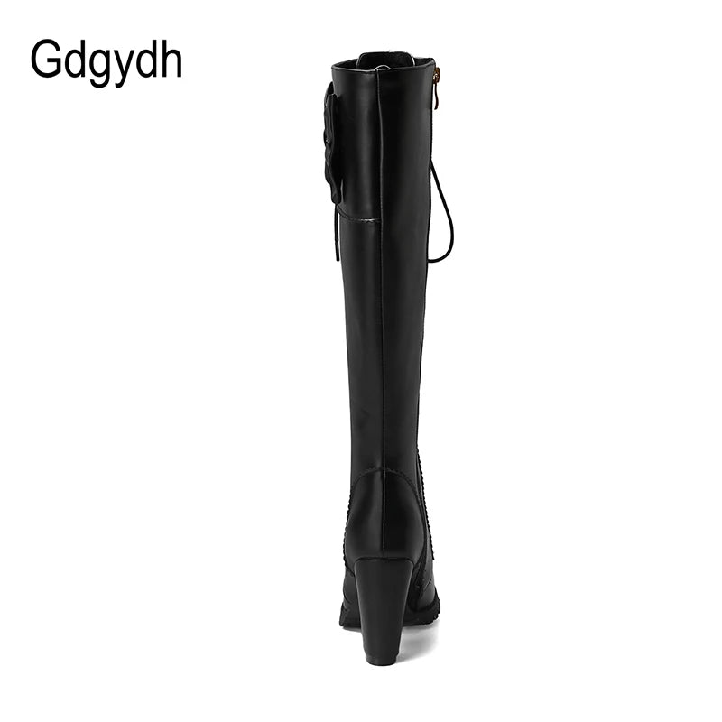 Women Knee-High Motorcycle Boots Thick Heel Platform Bow-knot Female Wedding Boots Plus Size 48 Gothic