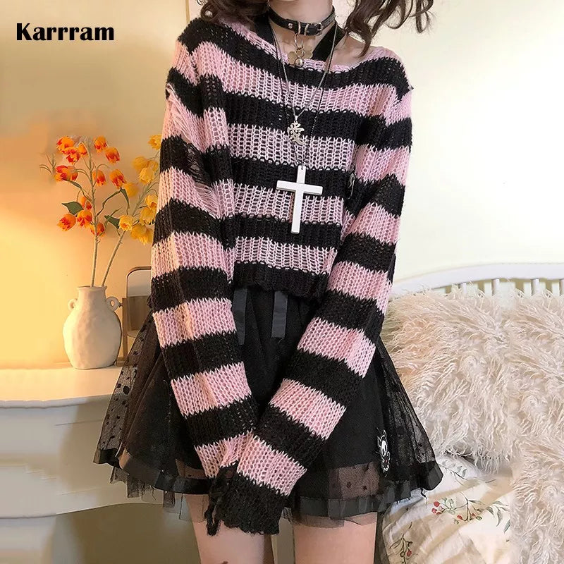 Karrram Pink Striped Gothic Sweaters Women Ripped Holes Loose Knitted Pullover Frayed Fairy Grunge Jumpers Emo Streetwear Lolita