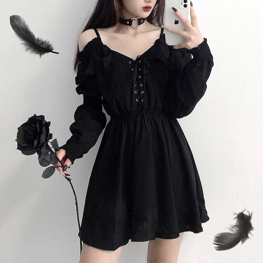 Women Dress M-4XL Lace Up Black Autumn 2022 Sexy High Waist Femme Dresses Off Shoulder Long Sleeve Gothic Clothes