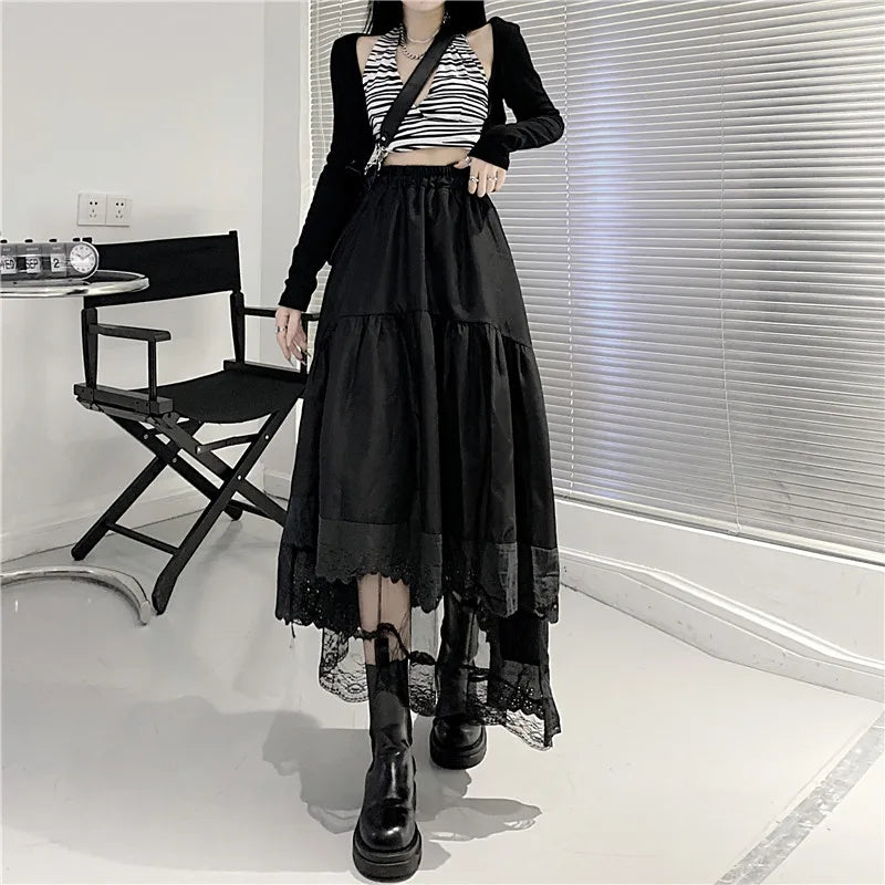 Gothic Tulle Pleated Skirt Black Lace Stitching Irregular Midi Skirt Women Vintage High Waist Long Skirt Korea Solid Hip Hop