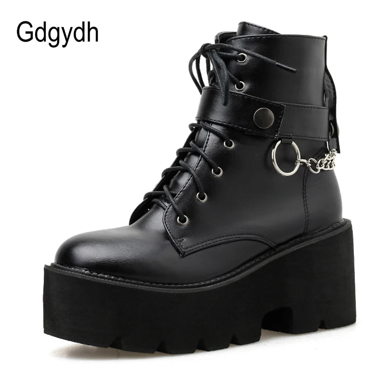 New Chain Women Leather Autumn Boots Block Heel Gothic Black Punk Style Platform Shoes Female Footwear High Quality