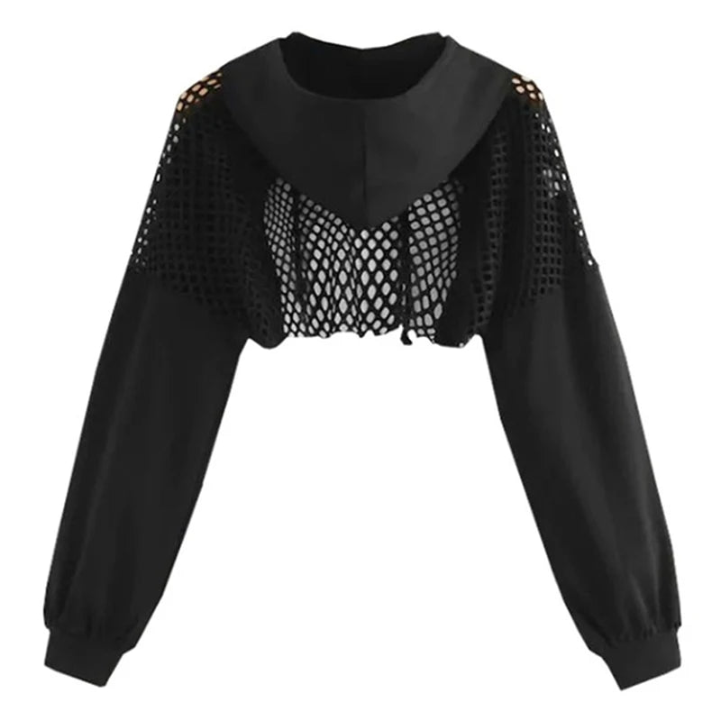 Women's Hoodies Sweatshirt Ultra Short Mesh Splice pullover Sweatshirts Gothic Women Long Sleeve Lumbar Sexy Top Street Wear