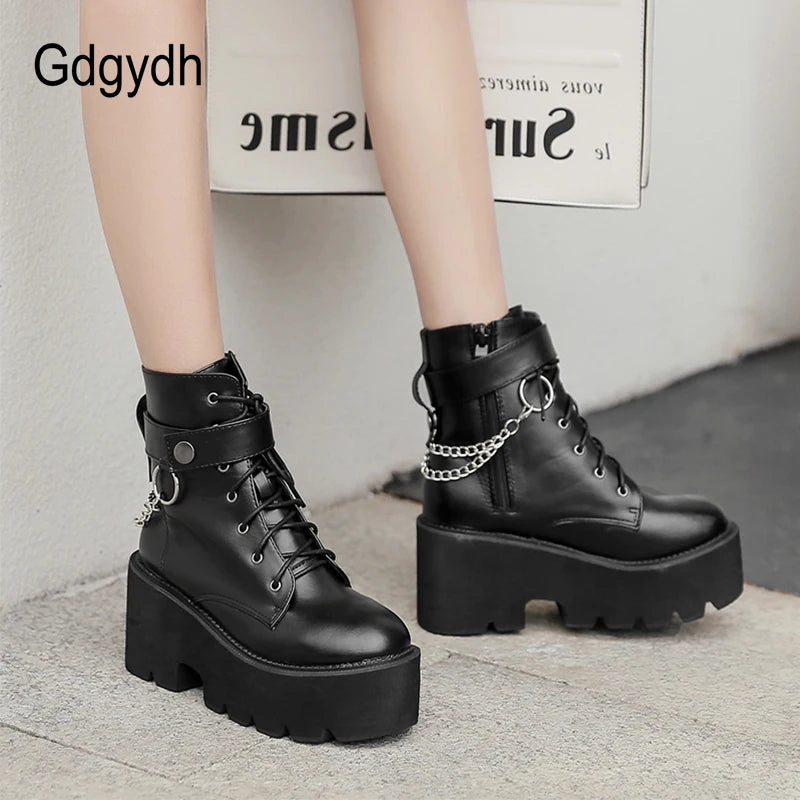 New Chain Women Leather Autumn Boots Block Heel Gothic Black Punk Style Platform Shoes Female Footwear High Quality