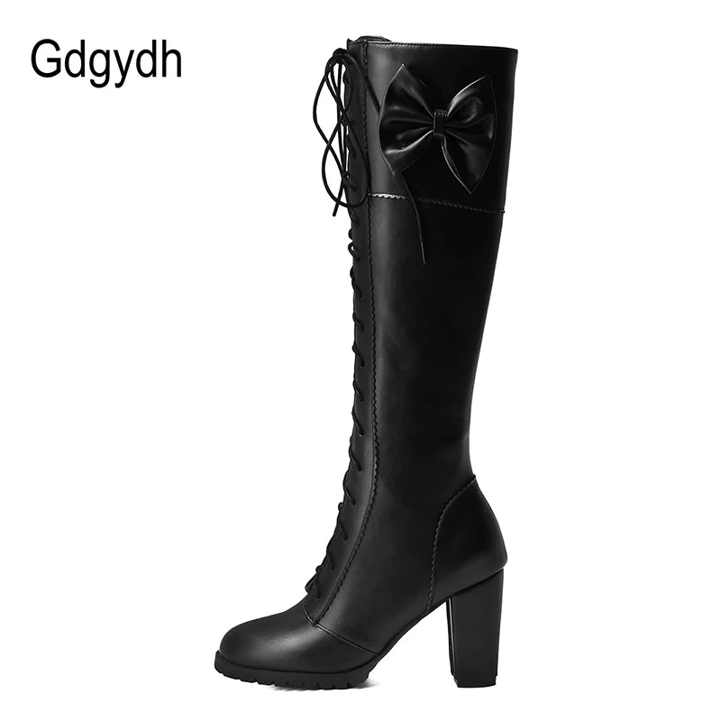 Women Knee-High Motorcycle Boots Thick Heel Platform Bow-knot Female Wedding Boots Plus Size 48 Gothic