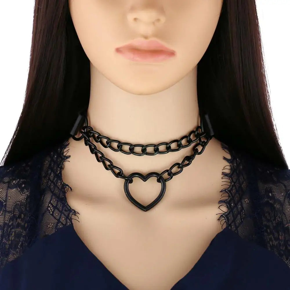 KMVEXO Gothic Harajaku Black Heart Chain Leather Choker Collar Punk Necklaces for Women Girls Buckle Chocker Emo Witch Jewelry