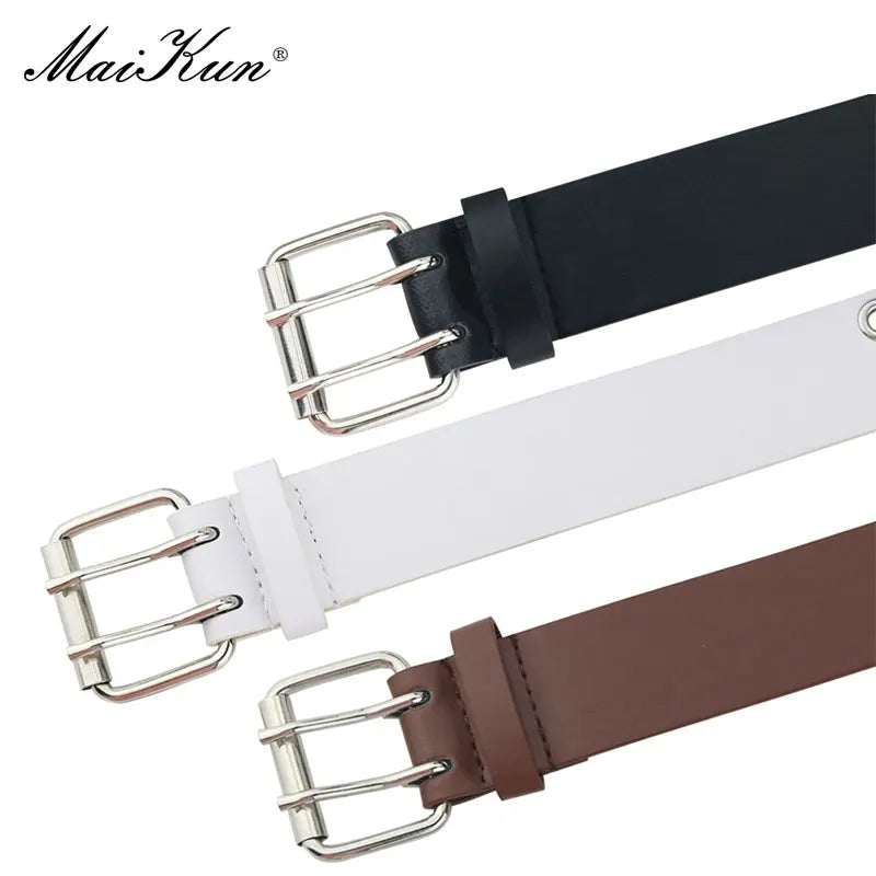 MaiKun Women Punk Goth Belts Brand Leather Women Grunge Belt Halloween Double Pin Buckle Female Belt for Jeans Streetwear