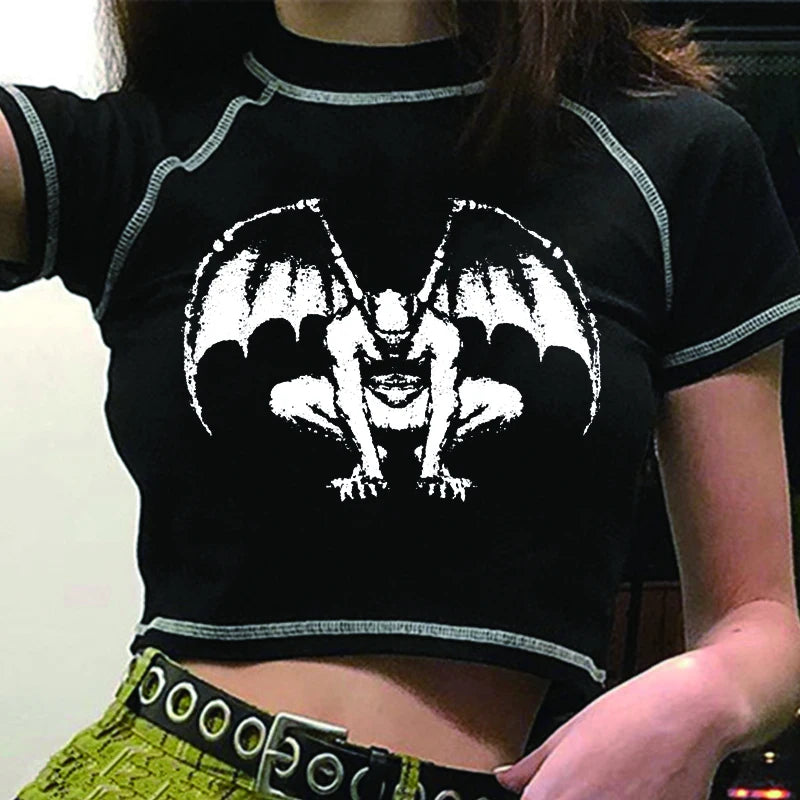 AltGirl Dark Gothic Demon Printed Camis Top Women Harajuku Streetwear Grunge Short Sleeve Crop Tops Y2k Emo Black Short T-shirts