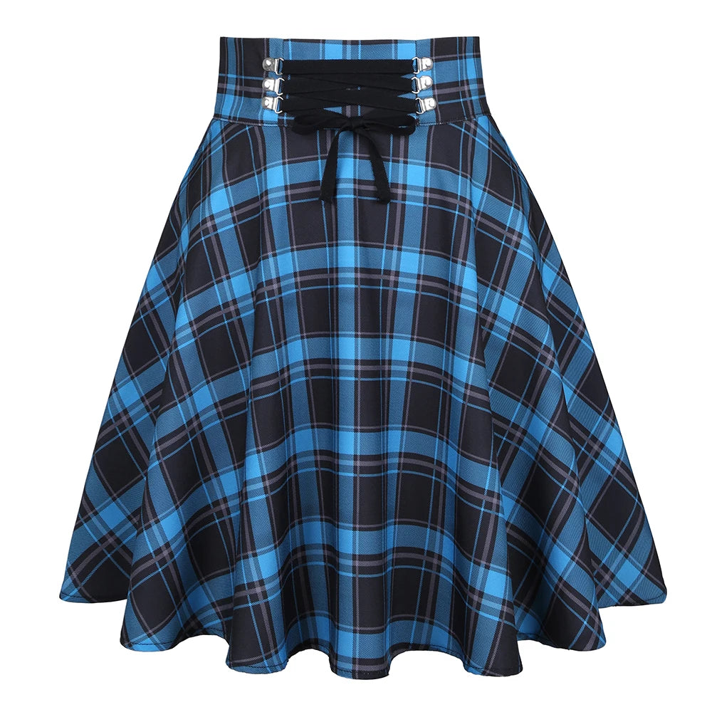 Punk Harajuku Blue Plaid Printed Mini Skirt Women High Waist A Line Gothic Emo Alt Grunge Pleated Skirts 2022 Saias Femininas