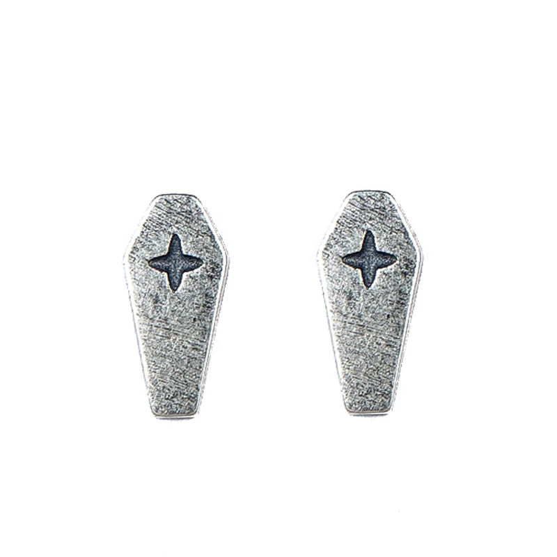 MKENDN 925 Sterling Silver Creative Retro Death Cross Coffin Stud Earrings Trendy Street Punk Style For Men Women Gothic Jewelry