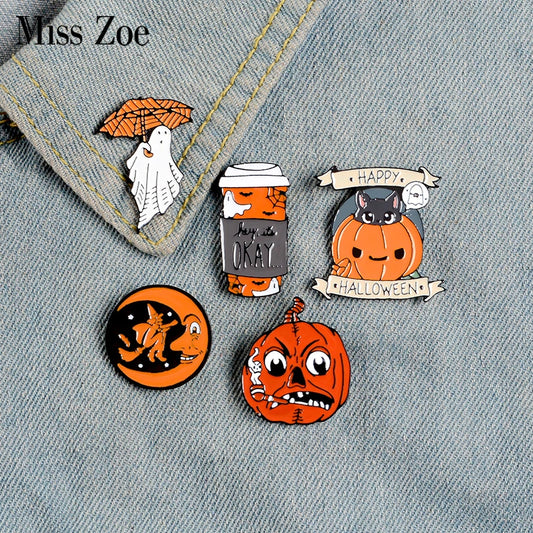 Happy Halloween Enamel Pin Custom Coffee Moon Ghost Pumpkin Umbrella Brooches Backpack Clothes Lapel Pin Fun Badge Jewelry Gift