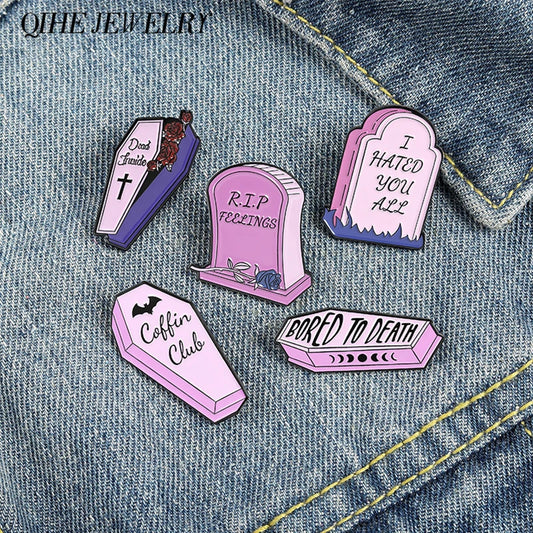 Funny Quote Lapel Pin Gothic Floral Skull Coffin Enamel Pink Gravestone Headstones Badges Vampire Dracula Jewelry