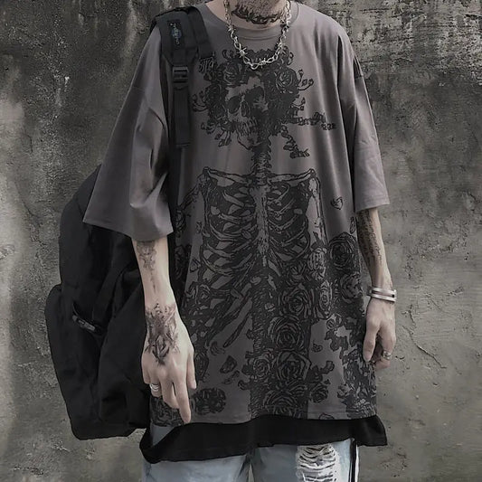 QWEEK Gothic Harajuku Skull T-shirt 2021 Korean Fashion Oversized Short Sleeve Tees Shirt Mall Goth Tops Grunge Alt Kpop Clothes