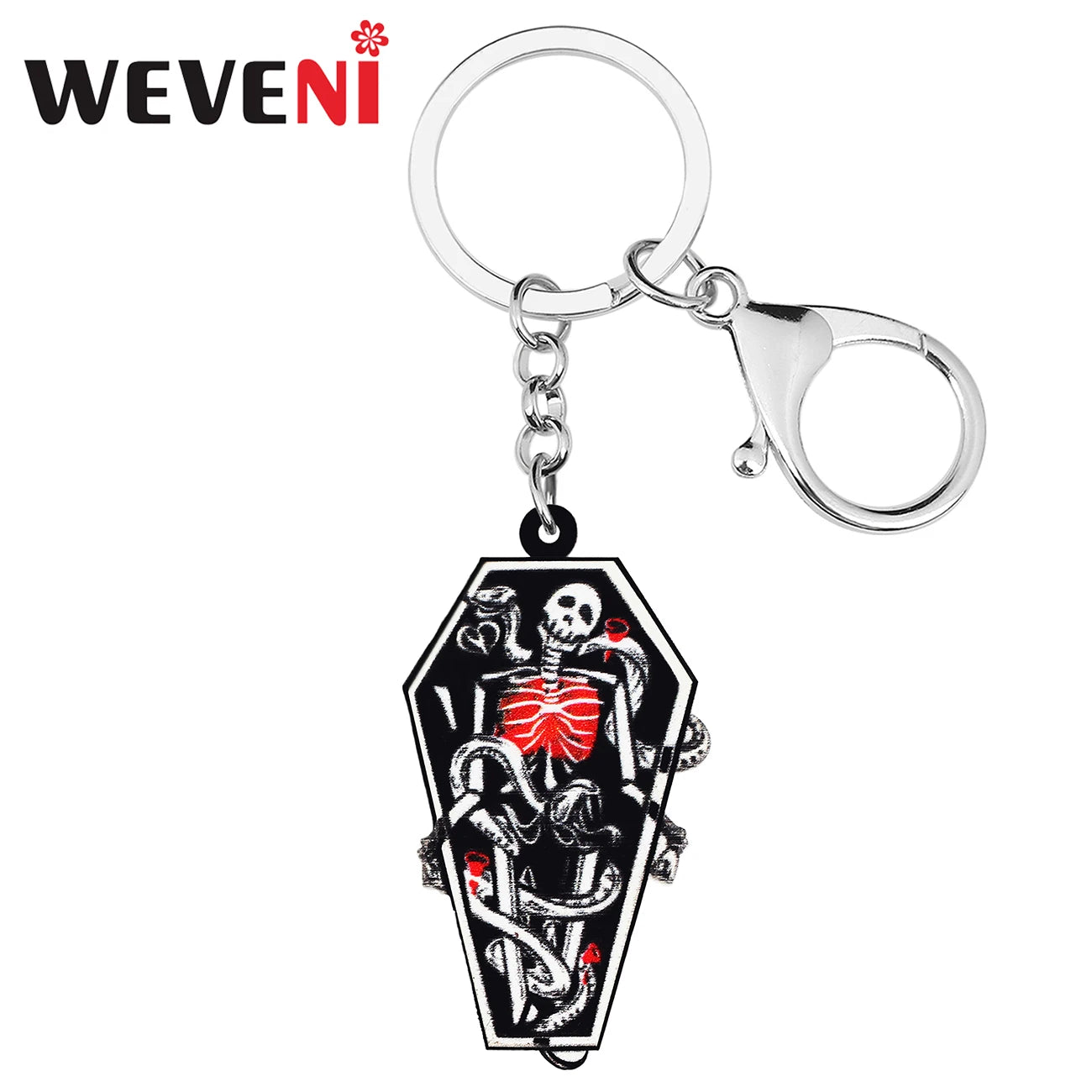 WEVENI Halloween Acrylic Horrror Smile Skull Coffin Keychains Fashion Purse Bag Key Chain Ring Charm Jewelry For Women Girl Gift