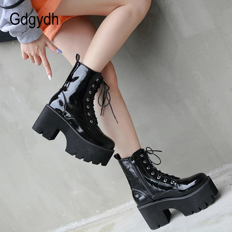 Woman Lace Autumn Boots Womens Ladies Chunky Wedge Platform Black Patent Leather Ankle Boots Punk Goth Shoes Lace Up