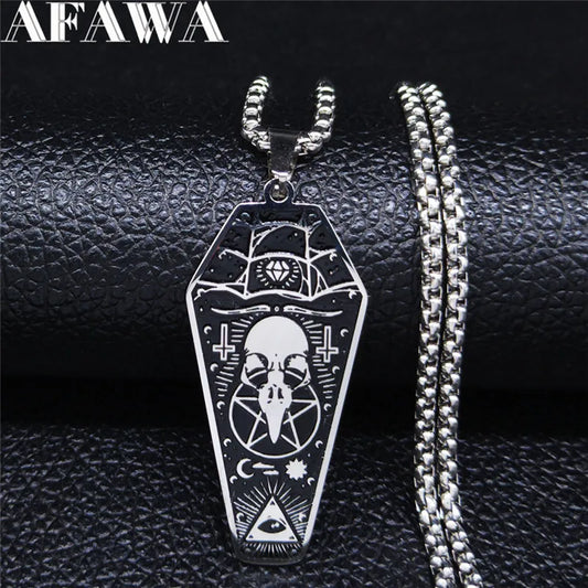 Witchcraft Vulture Coffin Pentagram Inverted Cross Necklace Stainless Steel Crow Head Skull Necklaces Pendants Jewelry N3315