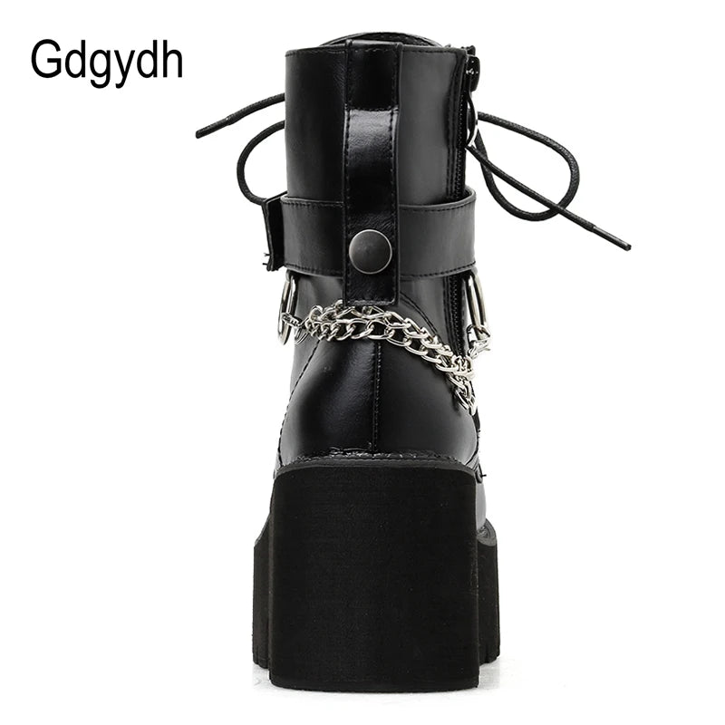 New Chain Women Leather Autumn Boots Block Heel Gothic Black Punk Style Platform Shoes Female Footwear High Quality