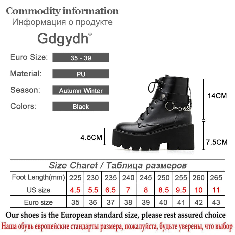 New Chain Women Leather Autumn Boots Block Heel Gothic Black Punk Style Platform Shoes Female Footwear High Quality