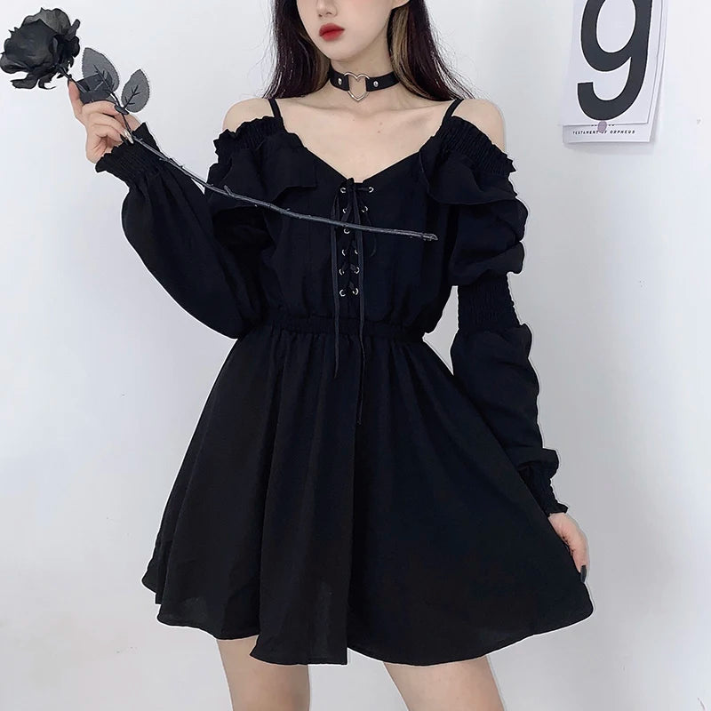 Women Dress M-4XL Lace Up Black Autumn 2022 Sexy High Waist Femme Dresses Off Shoulder Long Sleeve Gothic Clothes