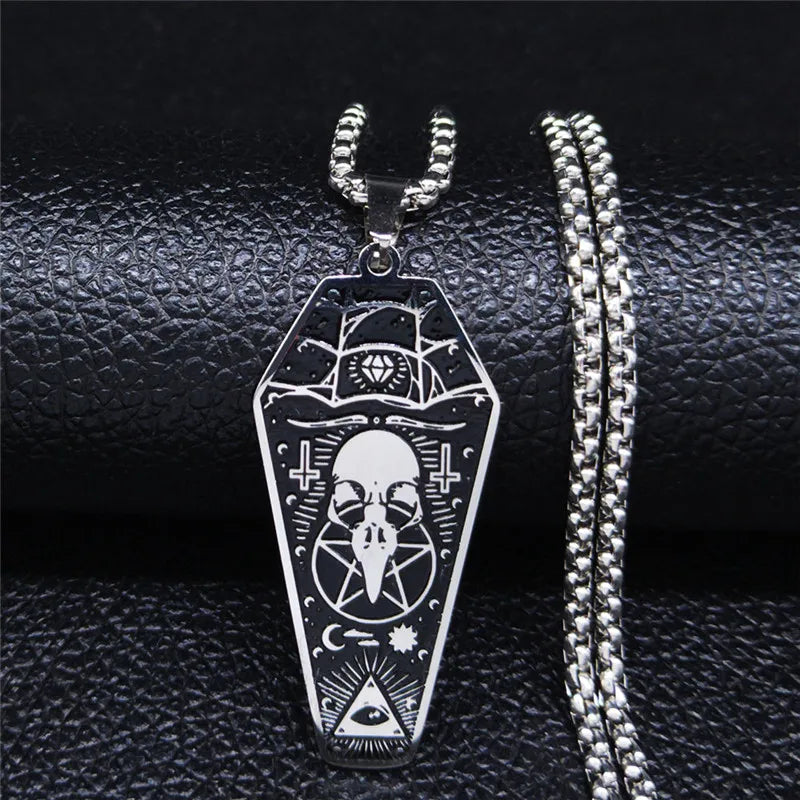 Witchcraft Vulture Coffin Pentagram Inverted Cross Necklace Stainless Steel Crow Head Skull Necklaces Pendants Jewelry N3315