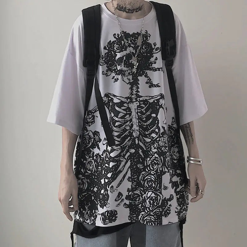 QWEEK Gothic Harajuku Skull T-shirt 2021 Korean Fashion Oversized Short Sleeve Tees Shirt Mall Goth Tops Grunge Alt Kpop Clothes