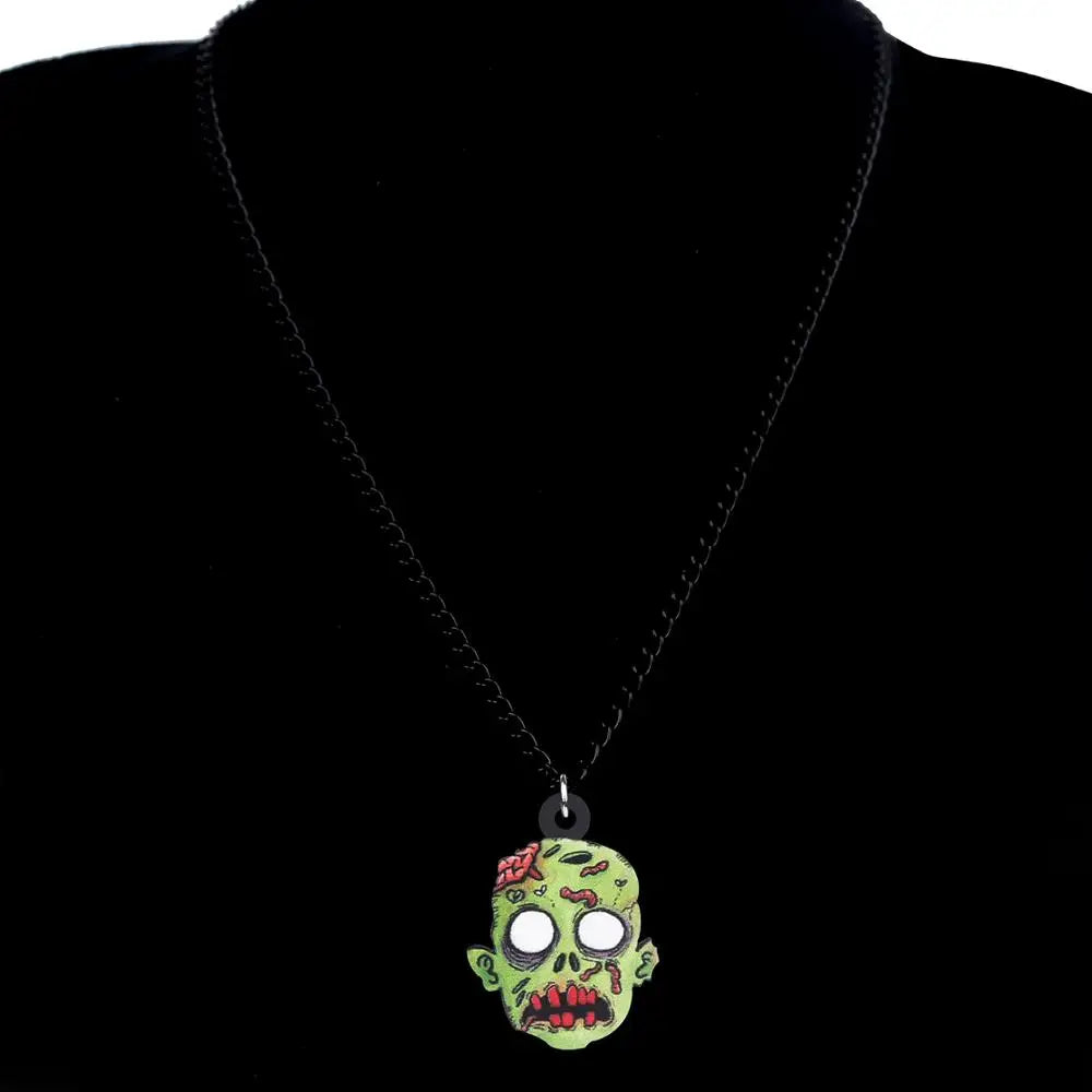 WEVENI Acrylic Halloween Horror Zombie Head Necklace Chain Aesthetic Pendant Jewelry For Women Kids Party Funny Gift Decoration