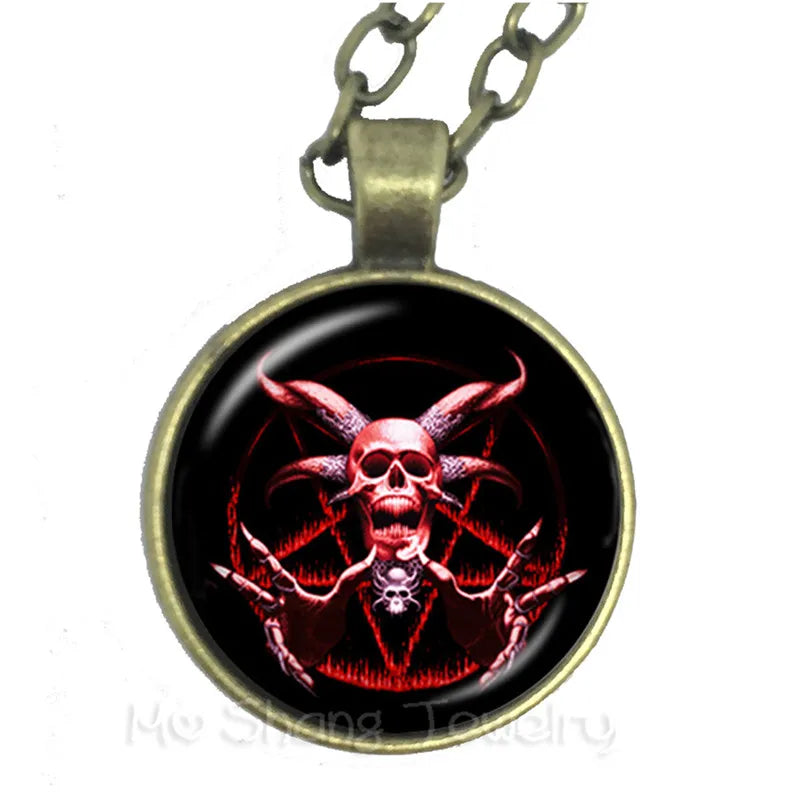 Supernatural Wickedest Pentacle Red Goat head Necklace Glass Time Gem Pendants Women  Movie  Jewelry Sweater chain