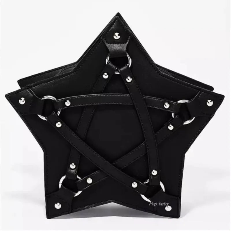 Dark Gothic Pentagram Shoulder Bag Unisex Punk Designer Casual Totes Women Fashion Retro Handbag Gifts Black Leather