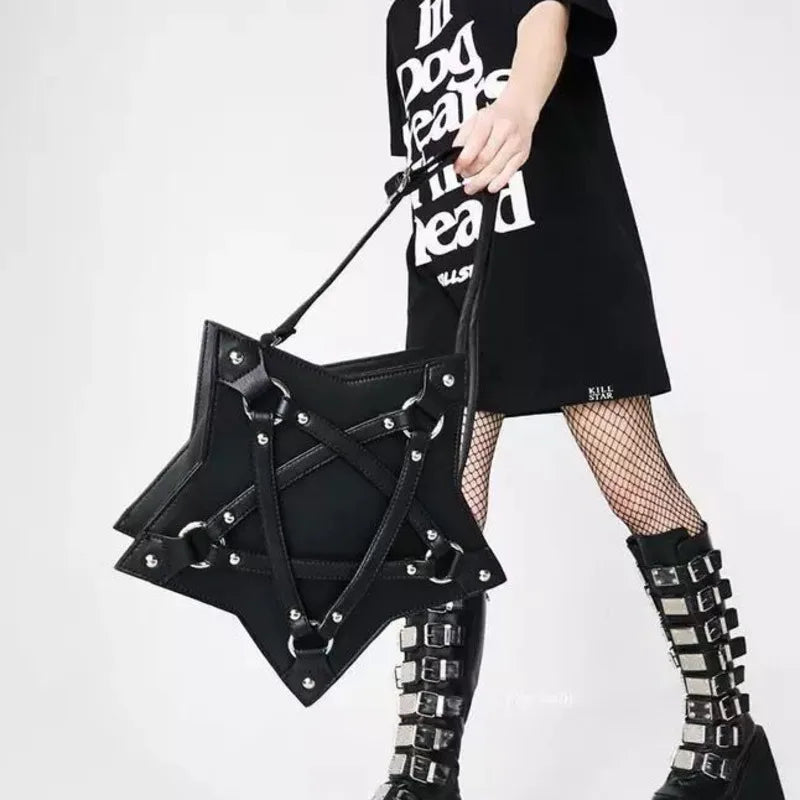 Dark Gothic Pentagram Shoulder Bag Unisex Punk Designer Casual Totes Women Fashion Retro Handbag Gifts Black Leather