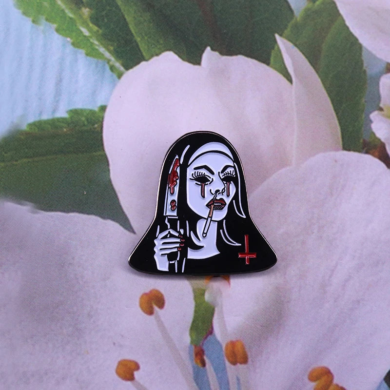 Nasty habit badge horror movie The Nun inspired pin scary Halloween jewelry