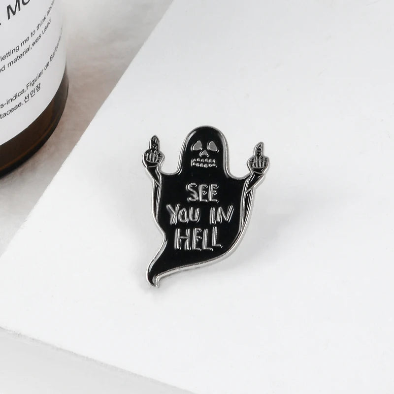 SEE YOU IN HELL Enamel Brooches Button Pins for Clothes Bag Punk Cool Dark Funny Ghost Jewelry Gift for Friends