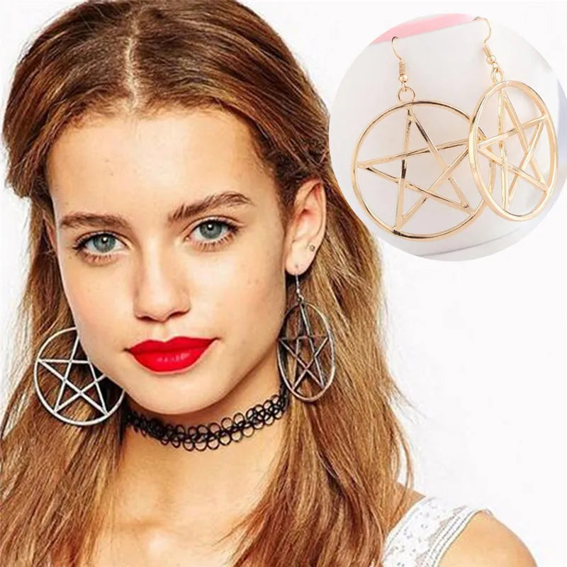 Big Round Pentagram Star Earrings Gothic Ear Hook Drop Earrings For Women Pendientes Fashion Jewelry