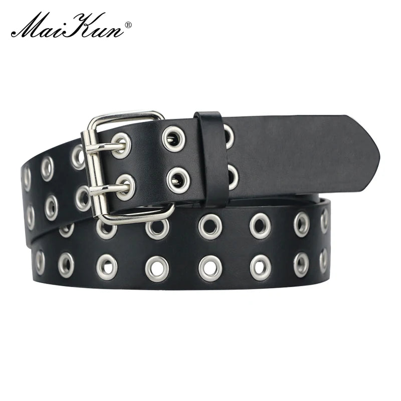 MaiKun Women Punk Goth Belts Brand Leather Women Grunge Belt Halloween Double Pin Buckle Female Belt for Jeans Streetwear