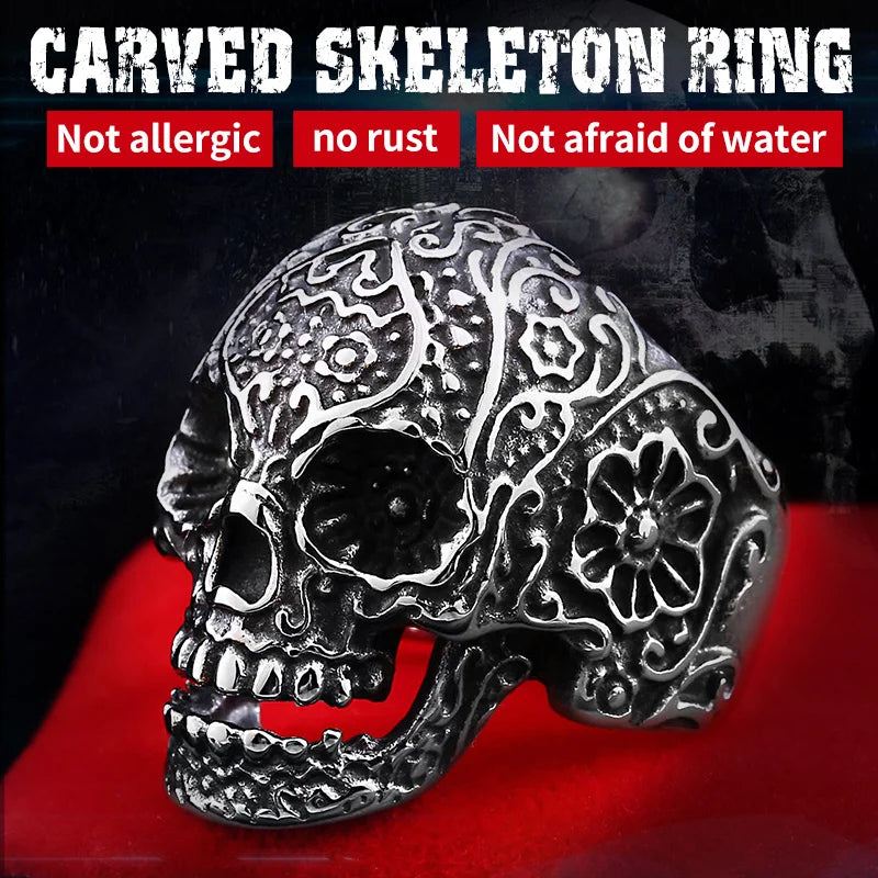 Classic Garden Flower Skull Ring For Man Stainless Steel Man's Punk Style Jewelry BR8-071 US Size Halloween Gift