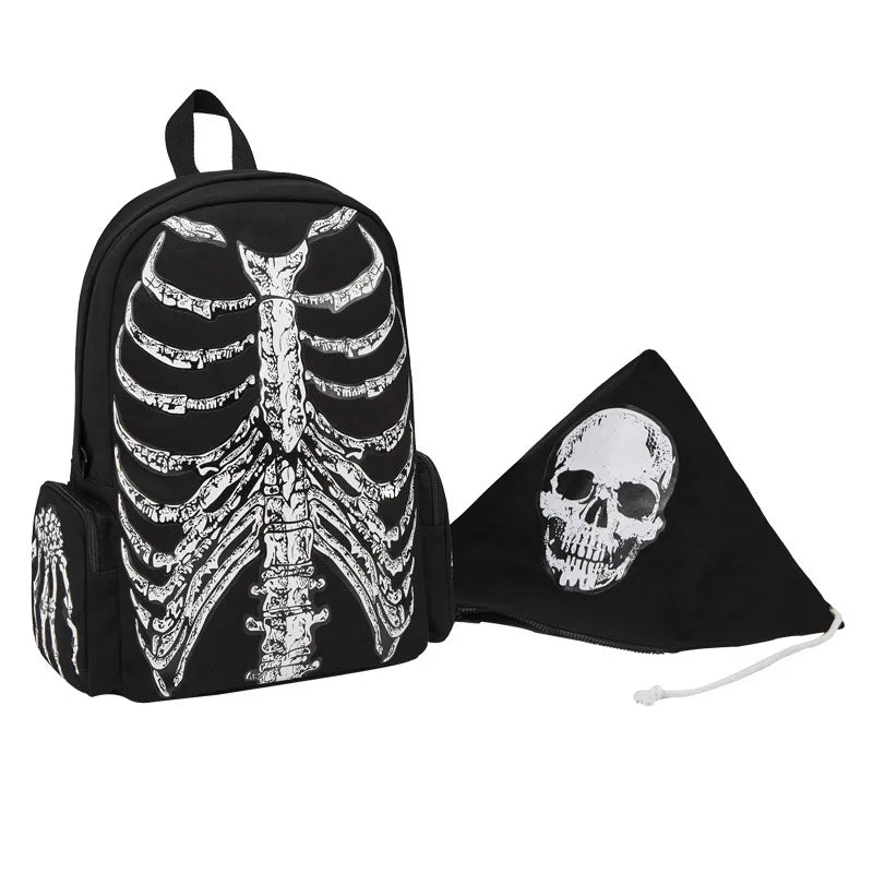 JIEROTYX Canvas Backpack Halloween Multifunctional School Bags Unisex Skull Skeleton Printed Backpack Gothic Designer Travel Bag