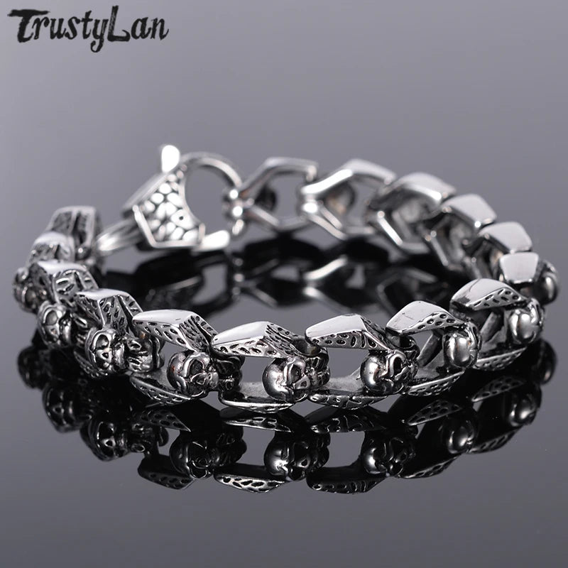 Punk Rocker Skull Bracelet Men Heavy 316L Stainless Steel Men's Bracelets Gothic Jewellery Halloween Accessories Dropshipping