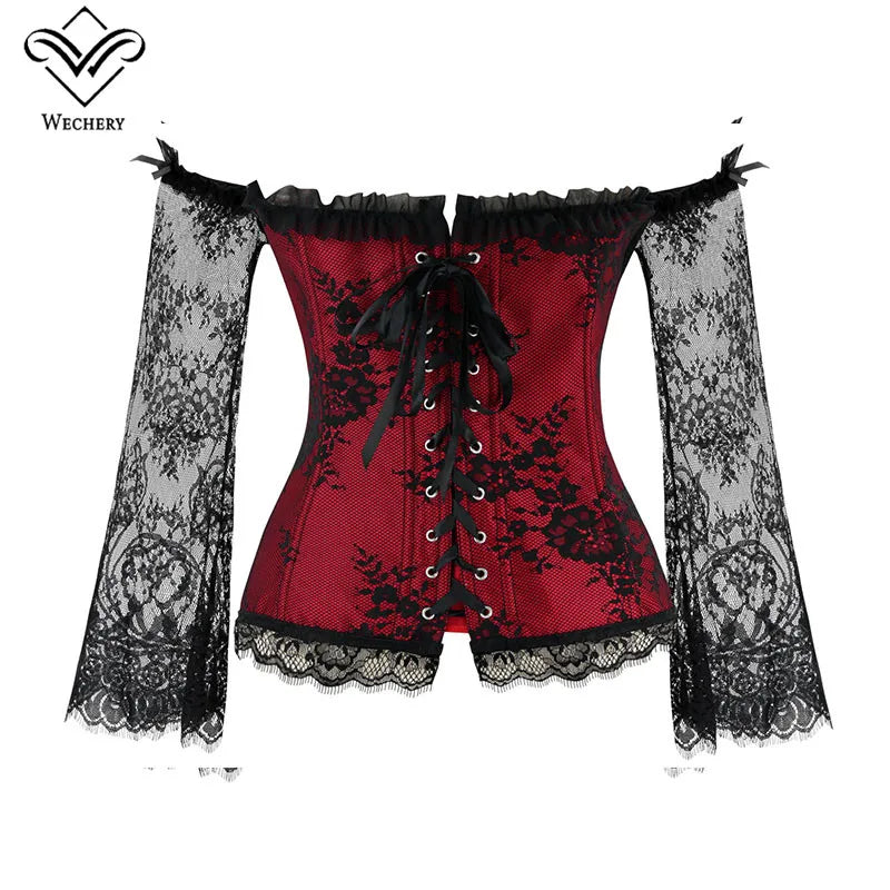 Women Corset Sexy Bodice Long Sleeve Red Corselet Lace Up Bustier Party Club Wedding Tops Plus Size S-6XL