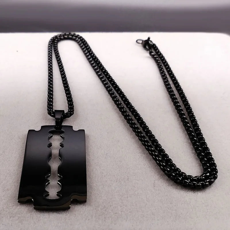 Gothic Blade Razor Pendant Necklaces Men Stainless Steel Black Goth Man Chain Necklace Aesthetic Jewelry collier homme N423S01