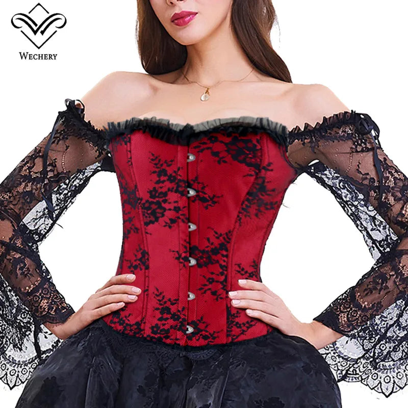 Women Corset Sexy Bodice Long Sleeve Red Corselet Lace Up Bustier Party Club Wedding Tops Plus Size S-6XL