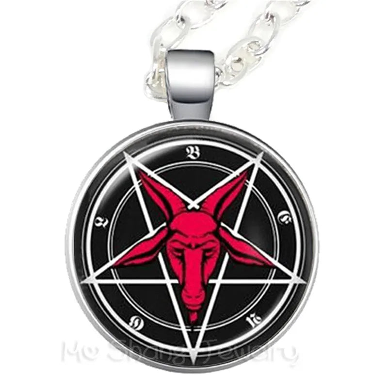 Supernatural Wickedest Pentacle Red Goat head Necklace Glass Time Gem Pendants Women  Movie  Jewelry Sweater chain