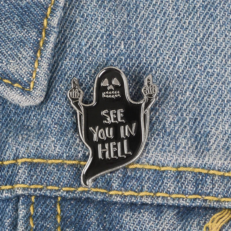 SEE YOU IN HELL Enamel Brooches Button Pins for Clothes Bag Punk Cool Dark Funny Ghost Jewelry Gift for Friends