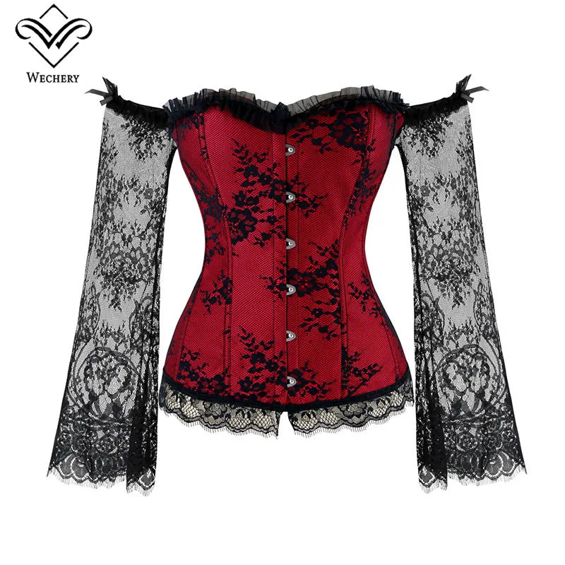 Women Corset Sexy Bodice Long Sleeve Red Corselet Lace Up Bustier Party Club Wedding Tops Plus Size S-6XL