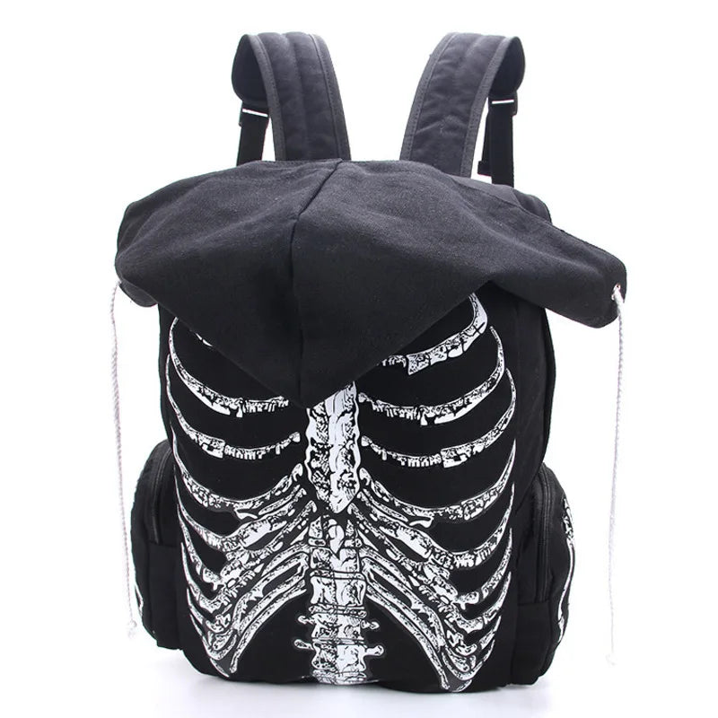 JIEROTYX Canvas Backpack Halloween Multifunctional School Bags Unisex Skull Skeleton Printed Backpack Gothic Designer Travel Bag