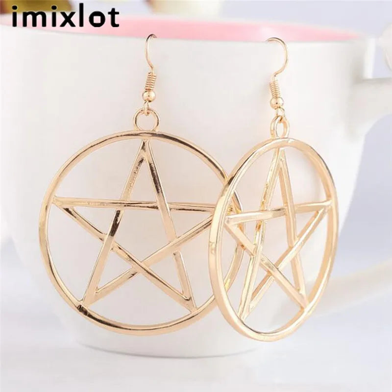 Big Round Pentagram Star Earrings Gothic Ear Hook Drop Earrings For Women Pendientes Fashion Jewelry