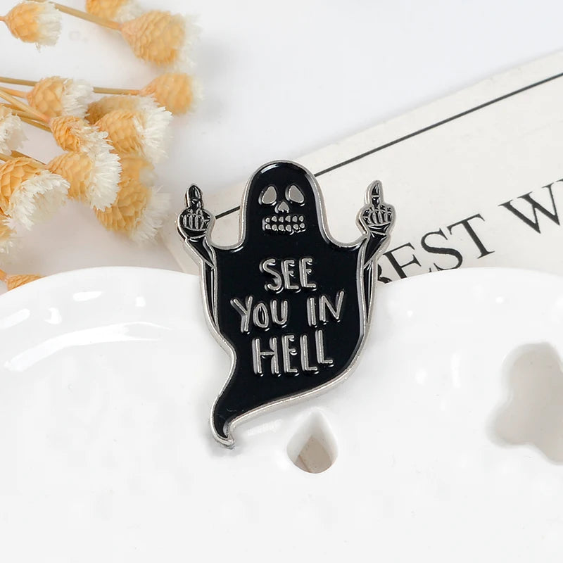 SEE YOU IN HELL Enamel Brooches Button Pins for Clothes Bag Punk Cool Dark Funny Ghost Jewelry Gift for Friends