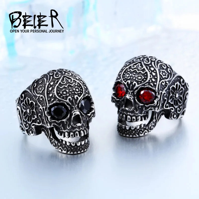 Classic Garden Flower Skull Ring For Man Stainless Steel Man's Punk Style Jewelry BR8-071 US Size Halloween Gift