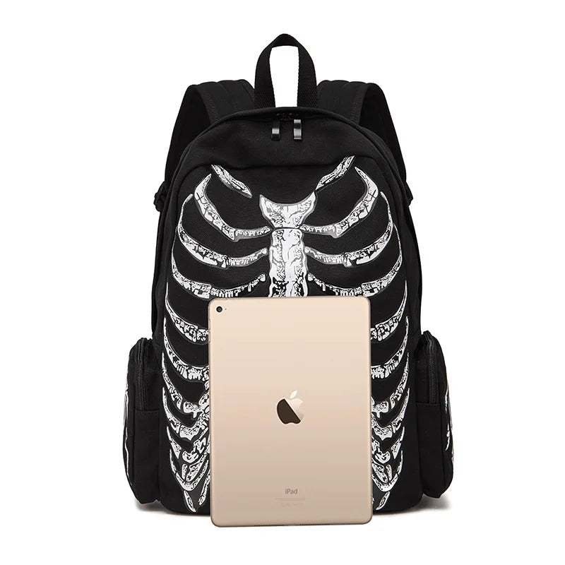 JIEROTYX Canvas Backpack Halloween Multifunctional School Bags Unisex Skull Skeleton Printed Backpack Gothic Designer Travel Bag