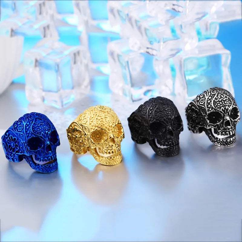 Classic Garden Flower Skull Ring For Man Stainless Steel Man's Punk Style Jewelry BR8-071 US Size Halloween Gift