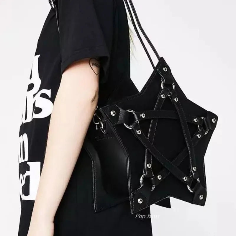 Dark Gothic Pentagram Shoulder Bag Unisex Punk Designer Casual Totes Women Fashion Retro Handbag Gifts Black Leather