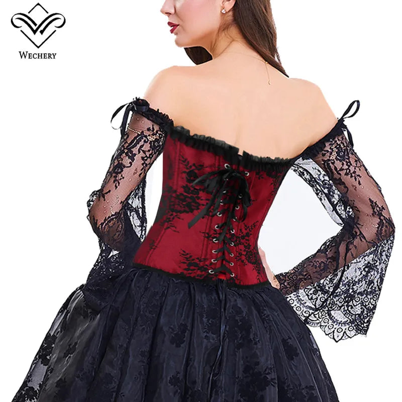 Women Corset Sexy Bodice Long Sleeve Red Corselet Lace Up Bustier Party Club Wedding Tops Plus Size S-6XL