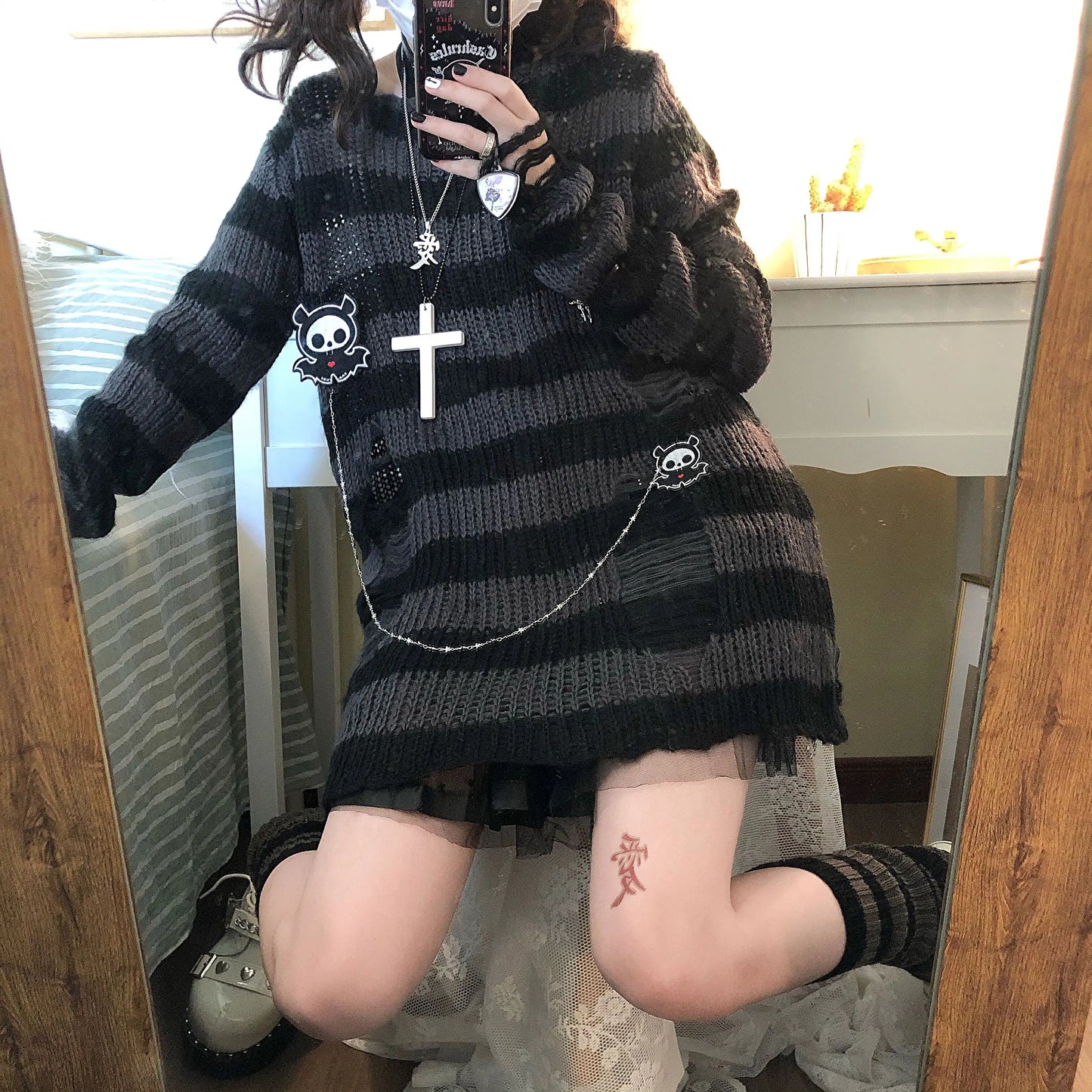 Karrram Pink Striped Gothic Sweaters Women Ripped Holes Loose Knitted Pullover Frayed Fairy Grunge Jumpers Emo Streetwear Lolita